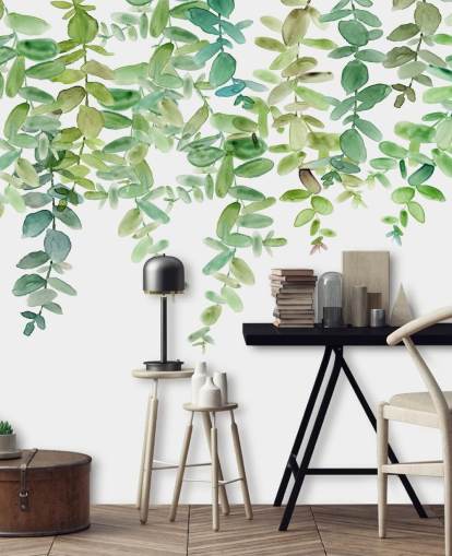 carta da parati murale floreale da appendere bianca e verde chiamata Evergreen Hanging Eucalyptus di Carol Robinson