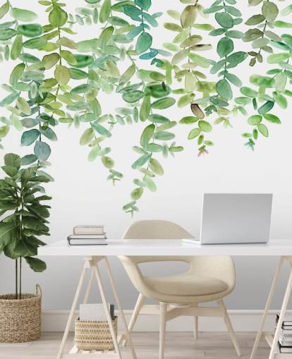 weiße und grüne hängende Blumentapete namens Evergreen Hanging Eucalyptus von Carol Robinson