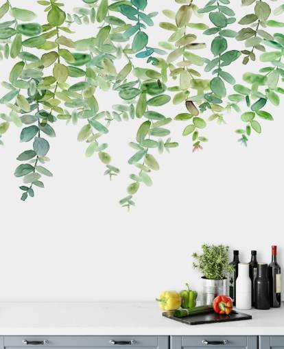 white and green hanging floral wallpaper mural called Evergreen Hanging Eucalyptus by Carol Robinson