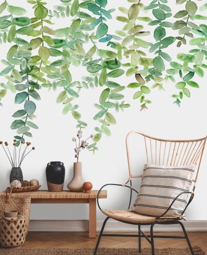 white and green hanging floral wallpaper mural called Evergreen Hanging Eucalyptus by Carol Robinson white and green hanging floral wallpaper mural called Evergreen Hanging Eucalyptus by Carol Robinson
