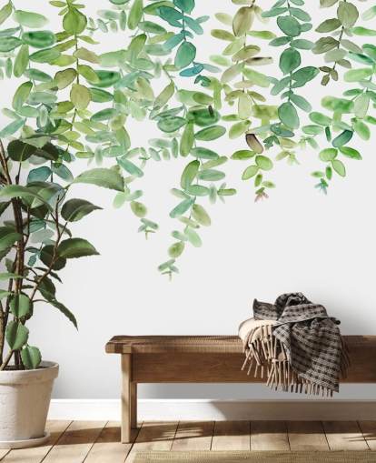 white and green hanging floral wallpaper mural called Evergreen Hanging Eucalyptus by Carol Robinson