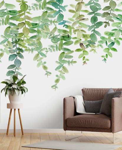 hvidt og grønt hængende blomstertapet vægmaleri kaldet Evergreen Hanging Eucalyptus af Carol Robinson