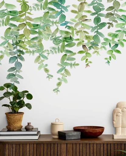white and green hanging floral wallpaper mural called Evergreen Hanging Eucalyptus by Carol Robinson white and green hanging floral wallpaper mural called Evergreen Hanging Eucalyptus by Carol Robinson