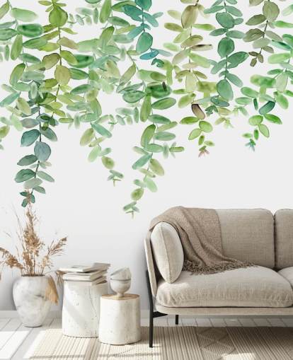 hvidt og grønt hængende blomstertapet vægmaleri kaldet Evergreen Hanging Eucalyptus af Carol Robinson