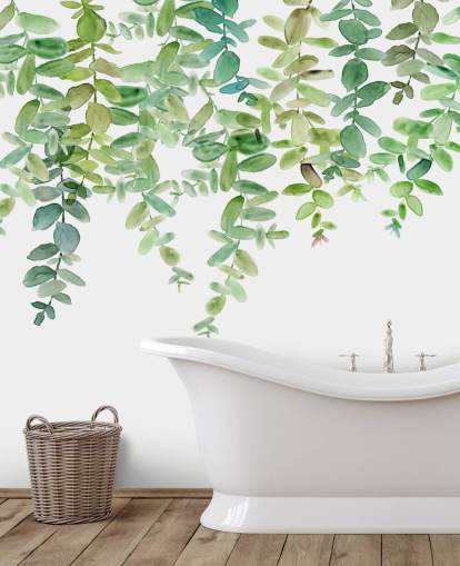 white and green hanging floral wallpaper mural called Evergreen Hanging Eucalyptus by Carol Robinson
