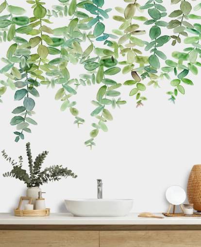 mural de papel de parede floral suspenso branco e verde chamado Evergreen Hanging Eucalyptus de Carol Robinson