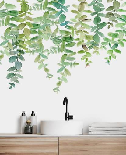 white and green hanging floral wallpaper mural called Evergreen Hanging Eucalyptus by Carol Robinson