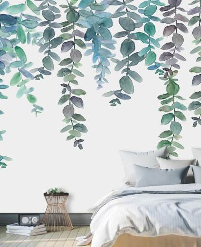 Papel de parede de eucalipto suspenso azul e verde