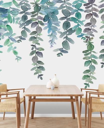 Papel de parede de eucalipto suspenso azul e verde Papel de parede de eucalipto suspenso azul e verde