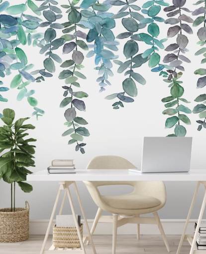 Papel de parede de eucalipto suspenso azul e verde