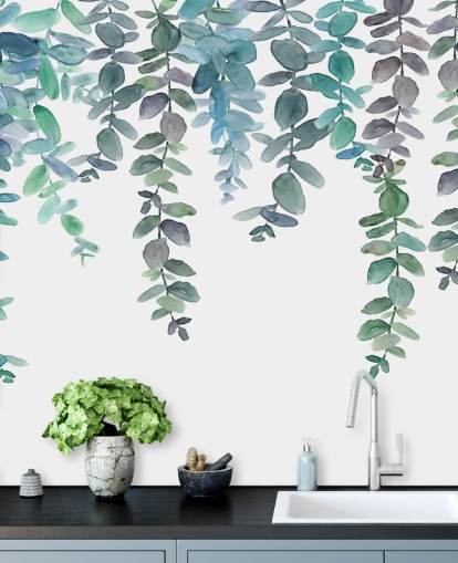 Papel de parede de eucalipto suspenso azul e verde