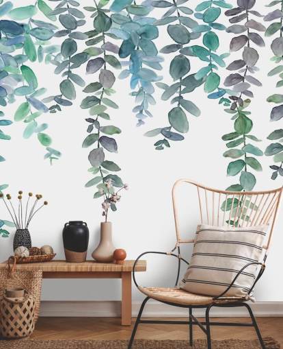 Blauw en groen hangend eucalyptusbehang Blauw en groen hangend eucalyptusbehang