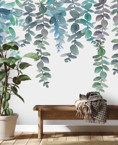 Blue & Green Hanging Eucalyptus Wallpaper