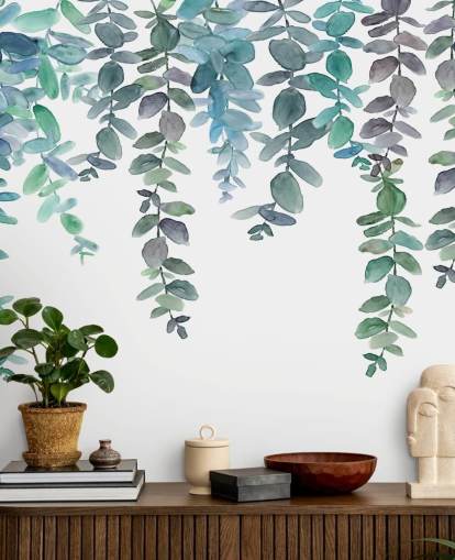 Blauw en groen hangend eucalyptusbehang
