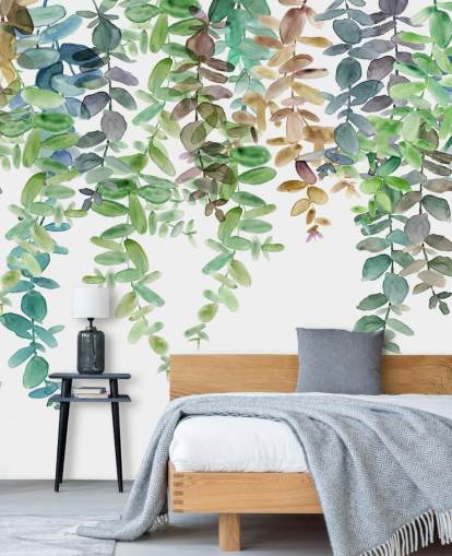 grön och vit botanisk tapetväggmålning kallad Hanging Eucalyptus av Carol Robinson för vardagsrum, kök och sovrum