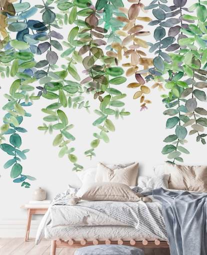 grön och vit botanisk tapetväggmålning kallad Hanging Eucalyptus av Carol Robinson för vardagsrum, kök och sovrum grön och vit botanisk tapetväggmålning kallad Hanging Eucalyptus av Carol Robinson för vardagsrum, kök och sovrum
