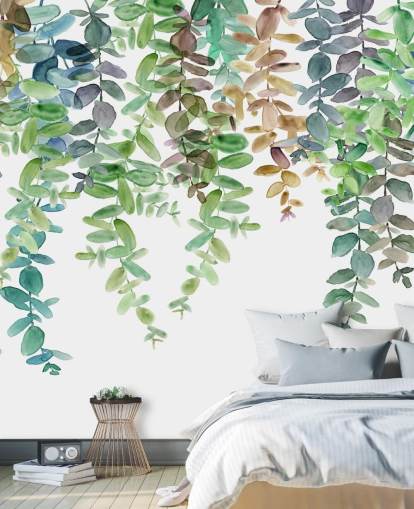 groen-witte botanische behangmuurschildering genaamd Hanging Eucalyptus van Carol Robinson voor woonkamers, keukens en slaapkamers