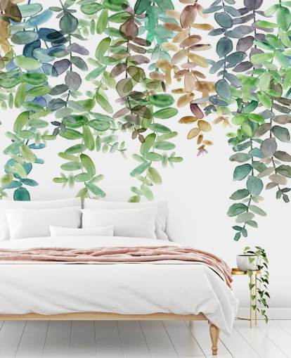 grønt og hvitt botanisk tapetmaleri kalt Hanging Eucalyptus av Carol Robinson for stuer, kjøkken og soverom
