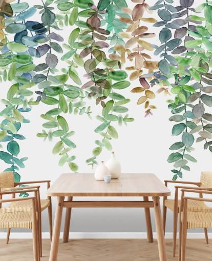 Grün-weiße botanische Wandtapete namens Hanging Eucalyptus von Carol Robinson für Wohnzimmer, Küchen und Schlafzimmer Grün-weiße botanische Wandtapete namens Hanging Eucalyptus von Carol Robinson für Wohnzimmer, Küchen und Schlafzimmer