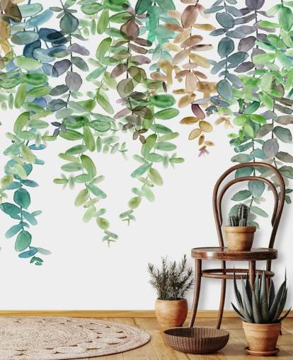 green and white botanical wallpaper mural called Hanging Eucalyptus by Carol Robinson for living rooms, kitchens and bedrooms