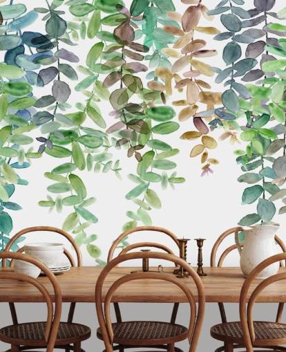 mural de papel de parede botânico verde e branco chamado Hanging Eucalyptus de Carol Robinson para salas de estar, cozinhas e quartos
