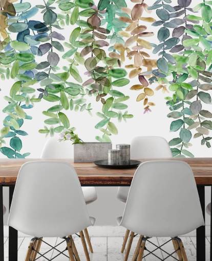 green and white botanical wallpaper mural called Hanging Eucalyptus by Carol Robinson for living rooms, kitchens and bedrooms