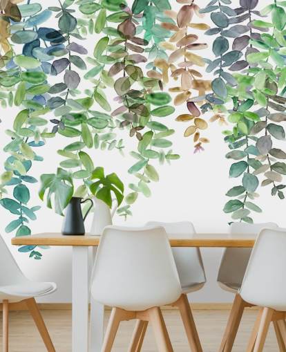 mural de papel pintado botánico verde y blanco llamado Hanging Eucalyptus de Carol Robinson para salas de estar, cocinas y dormitorios