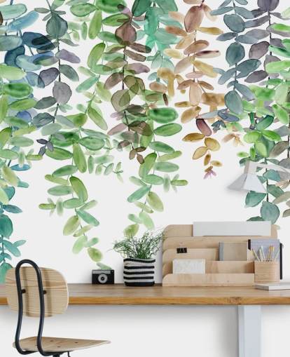 grønt og hvidt botanisk tapetmaleri kaldet Hanging Eucalyptus af Carol Robinson til stuer, køkkener og soveværelser grønt og hvidt botanisk tapetmaleri kaldet Hanging Eucalyptus af Carol Robinson til stuer, køkkener og soveværelser