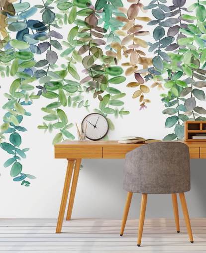 carta da parati murale botanica verde e bianca chiamata Hanging Eucalyptus di Carol Robinson per salotti, cucine e camere da letto carta da parati murale botanica verde e bianca chiamata Hanging Eucalyptus di Carol Robinson per salotti, cucine e camere da letto