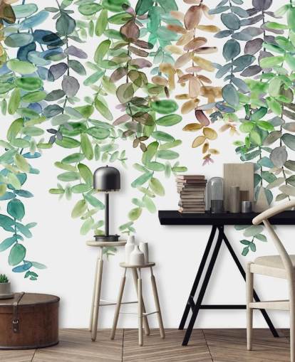 Carol Robinsonin vihreä ja valkoinen kasvitieteellinen taustakuvamaalaus nimeltä Hanging Eucalyptus olohuoneisiin, keittiöihin ja makuuhuoneisiin Carol Robinsonin vihreä ja valkoinen kasvitieteellinen taustakuvamaalaus nimeltä Hanging Eucalyptus olohuoneisiin, keittiöihin ja makuuhuoneisiin