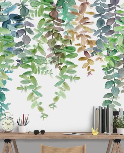 carta da parati murale botanica verde e bianca chiamata Hanging Eucalyptus di Carol Robinson per salotti, cucine e camere da letto