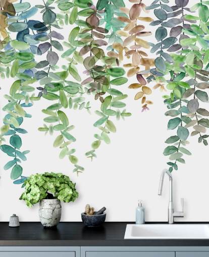 groen-witte botanische behangmuurschildering genaamd Hanging Eucalyptus van Carol Robinson voor woonkamers, keukens en slaapkamers