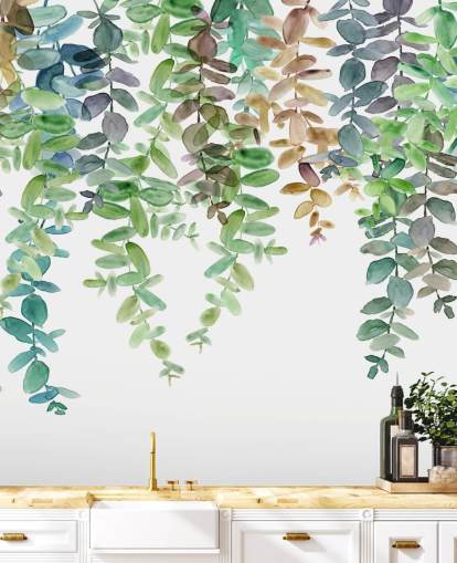 papier peint mural botanique vert et blanc appelé Hanging Eucalyptus de Carol Robinson pour les salons, les cuisines et les chambres