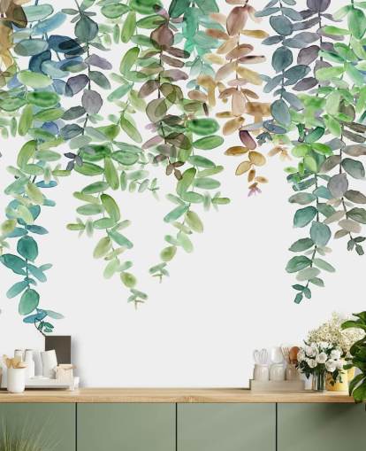 green and white botanical wallpaper mural called Hanging Eucalyptus by Carol Robinson for living rooms, kitchens and bedrooms