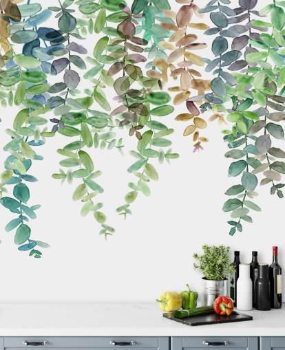 green and white botanical wallpaper mural called Hanging Eucalyptus by Carol Robinson for living rooms, kitchens and bedrooms