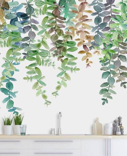 green and white botanical wallpaper mural called Hanging Eucalyptus by Carol Robinson for living rooms, kitchens and bedrooms