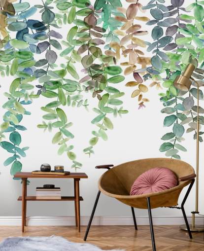 carta da parati murale botanica verde e bianca chiamata Hanging Eucalyptus di Carol Robinson per salotti, cucine e camere da letto