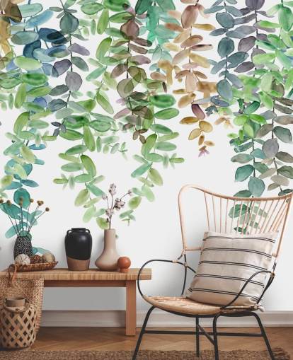 green and white botanical wallpaper mural called Hanging Eucalyptus by Carol Robinson for living rooms, kitchens and bedrooms