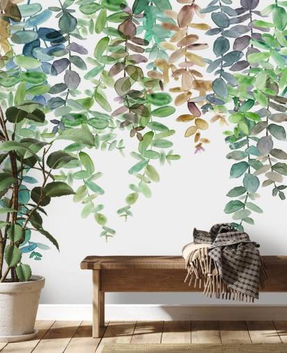 mural de papel pintado botánico verde y blanco llamado Hanging Eucalyptus de Carol Robinson para salas de estar, cocinas y dormitorios