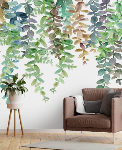 mural de papel pintado botánico verde y blanco llamado Hanging Eucalyptus de Carol Robinson para salas de estar, cocinas y dormitorios