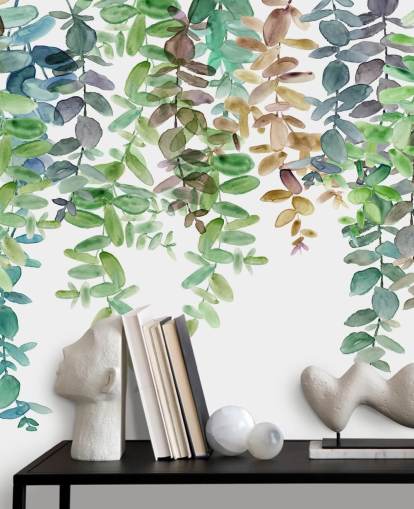 mural de papel pintado botánico verde y blanco llamado Hanging Eucalyptus de Carol Robinson para salas de estar, cocinas y dormitorios