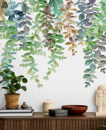 grønt og hvitt botanisk tapetmaleri kalt Hanging Eucalyptus av Carol Robinson for stuer, kjøkken og soverom