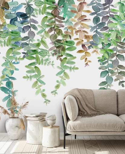 grønt og hvitt botanisk tapetmaleri kalt Hanging Eucalyptus av Carol Robinson for stuer, kjøkken og soverom