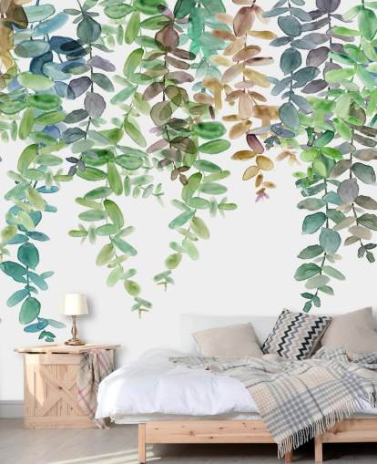 carta da parati murale botanica verde e bianca chiamata Hanging Eucalyptus di Carol Robinson per salotti, cucine e camere da letto carta da parati murale botanica verde e bianca chiamata Hanging Eucalyptus di Carol Robinson per salotti, cucine e camere da letto