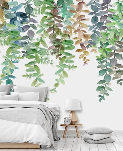 grønt og hvidt botanisk tapetmaleri kaldet Hanging Eucalyptus af Carol Robinson til stuer, køkkener og soveværelser