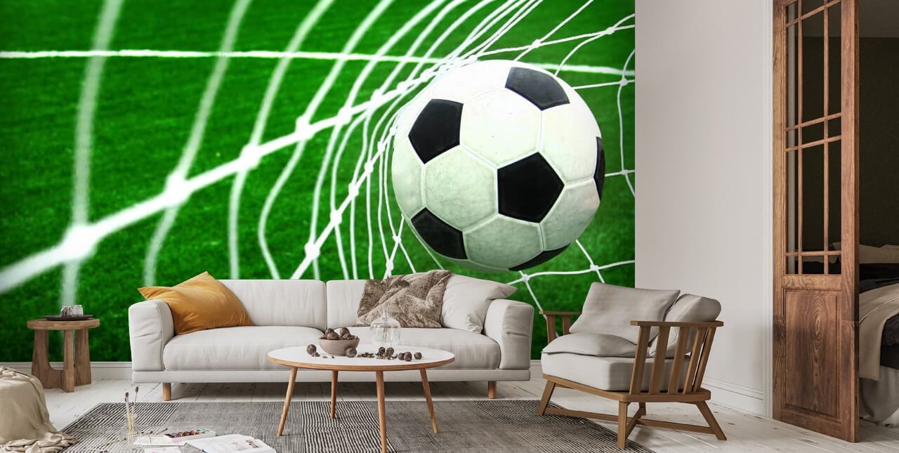 Soccer Ball Hits the Net Wallpaper Mural | Wallsauce UK
