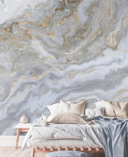 mural de papel pintado de mármol gris y blanco llamado Grey and White Swirl Marble para baños, pasillos y cocinas