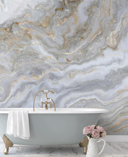 grå och vit marmor tapet väggmålning kallad Grey and White Swirl Marble för badrum, hallar och kök