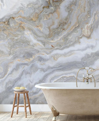 harmaa ja valkoinen marmoritapetti seinämaalaus nimeltä Grey and White Swirl Marble kylpyhuoneisiin, käytäviin ja keittiöihin
