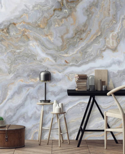 mural de papel pintado de mármol gris y blanco llamado Grey and White Swirl Marble para baños, pasillos y cocinas